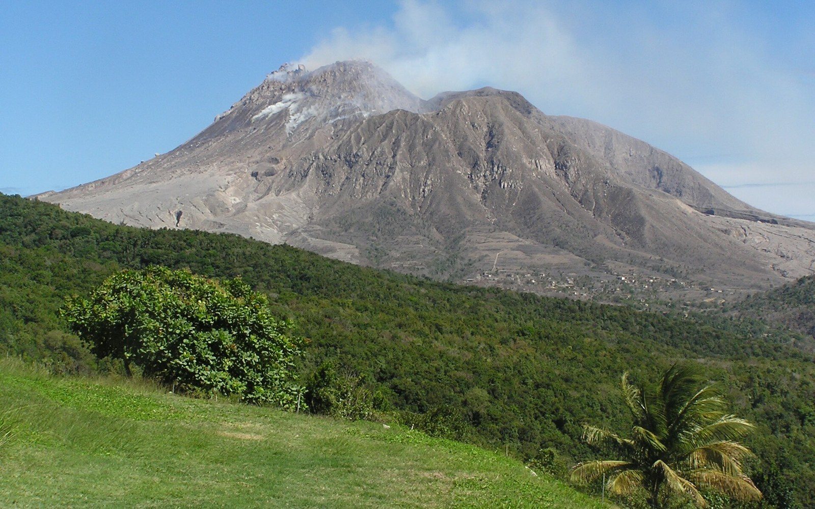 Steam rises from Soufrière Hills volcano's lava dome above lush green forest and grassland